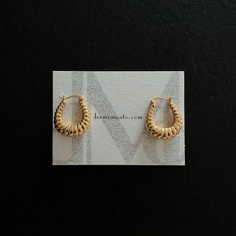 A pair of bold hoop earrings feature a unique twisted design with dermomento.com at background.