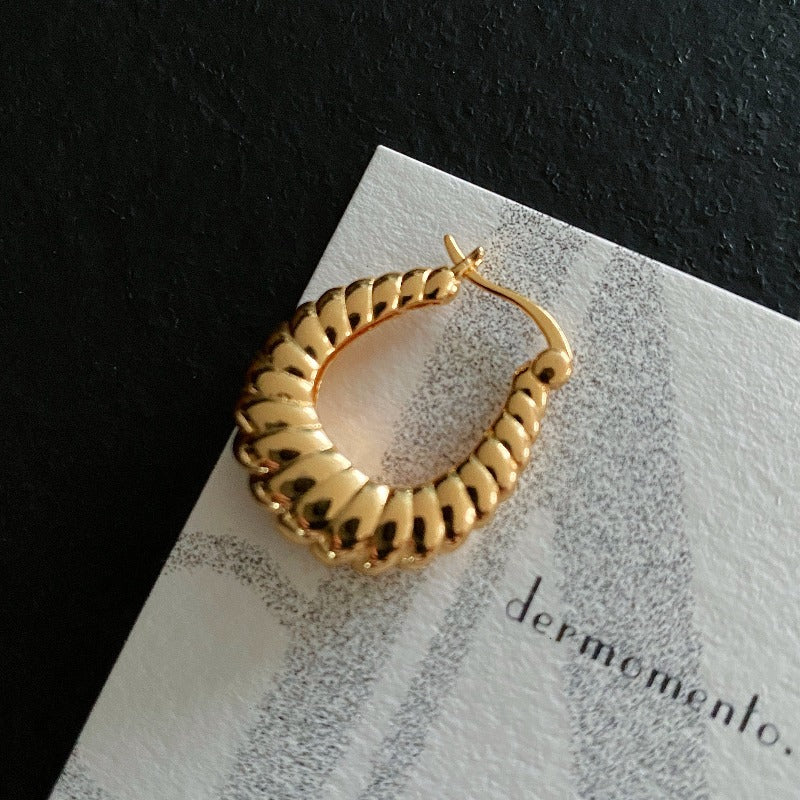 A single bold hoop earrings feature a unique twisted design with dermomento.com at background.