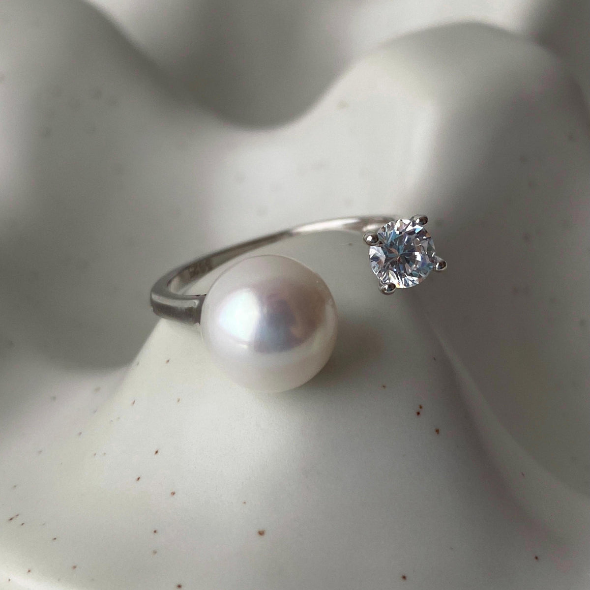 ALICE freshwater pearl and zirconia open ring in sterling silver