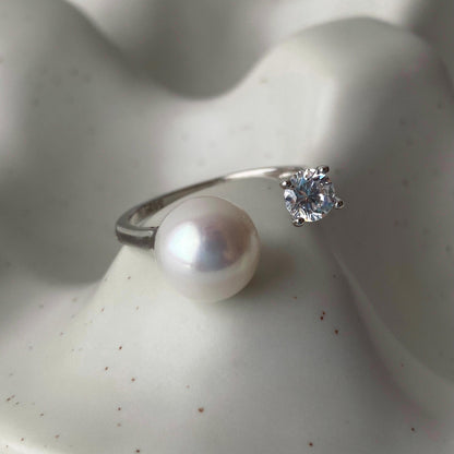ALICE freshwater pearl and zirconia open ring in sterling silver