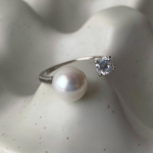 ALICE freshwater pearl and zirconia open ring in sterling silver