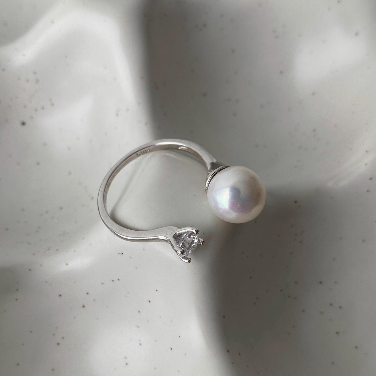 Near-round freshwater pearl on the ALICE sterling silver open ring