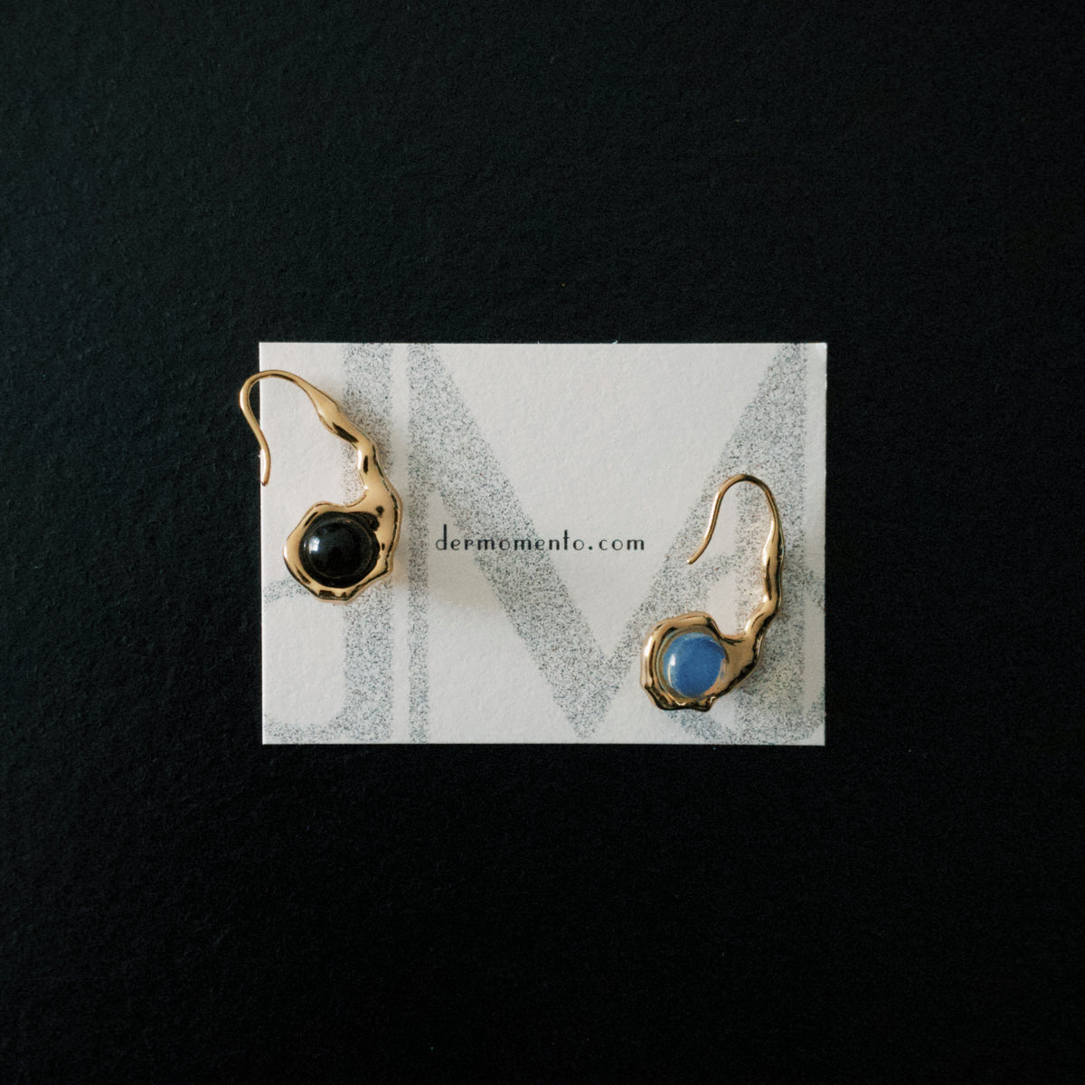 HELENA gold vermeil hook earrings showing black onyx and blue opal sides