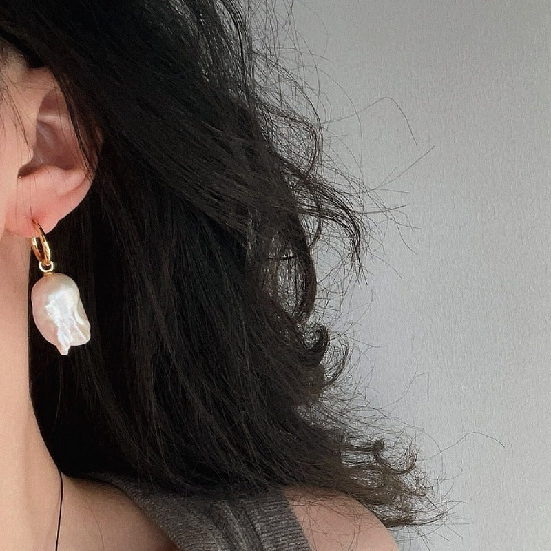 ARIEL removable baroque pearl hoop earrings worn on ear