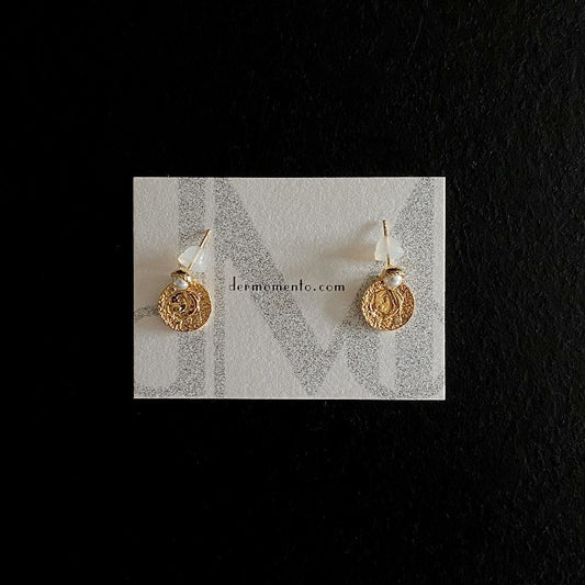 The Alwina Drop Stud Earrings  - a mini pearl design (non-natural pearl) expertly enveloped in 18K gold vermeil silver and accented by tiny zircons and intricate tin relief detailing on each round tile.