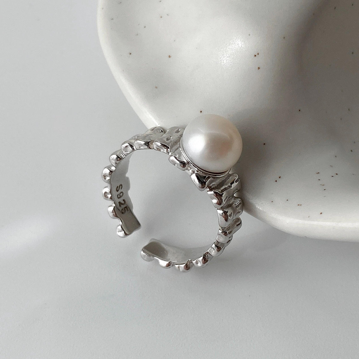 VERENA freshwater pearl open ring in textured sterling silver