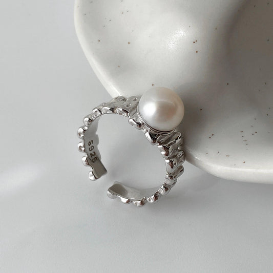 VERENA freshwater pearl open ring in textured sterling silver